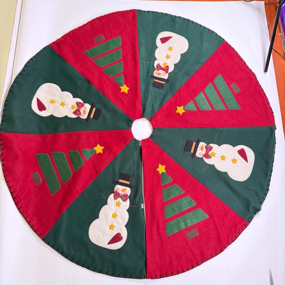 Felt Christmas Tree Skirt Red Green Snowman Tree Appliqué 44"